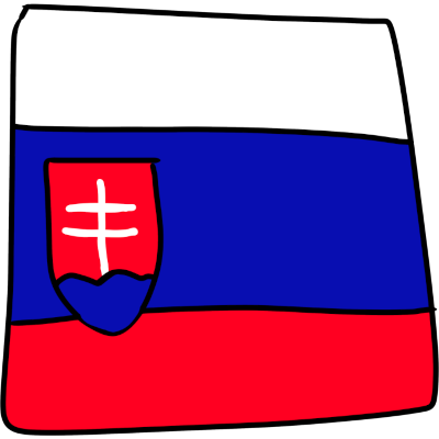 a white, blue, and red flag with a shield insignia on it. The shield has a white cross shape with two horizontal bars instead of one. .